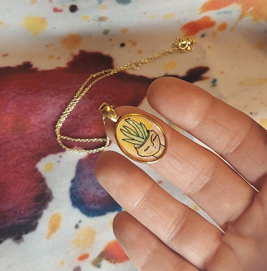 Aloe Plant Meditation Mini Pendant and Chain, Gold Base