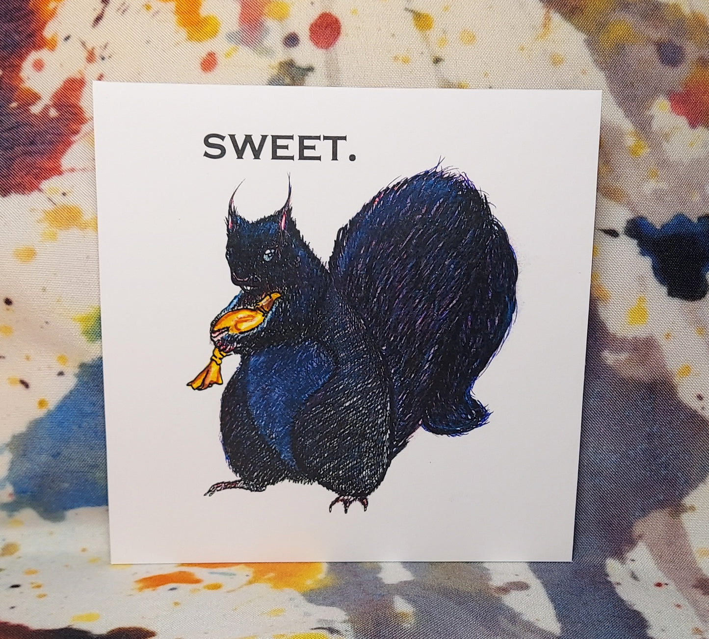 Sweet Black Squirrel hugging Butterscotch Candy,  5.5x5.5" - 3 card pack - blank inside