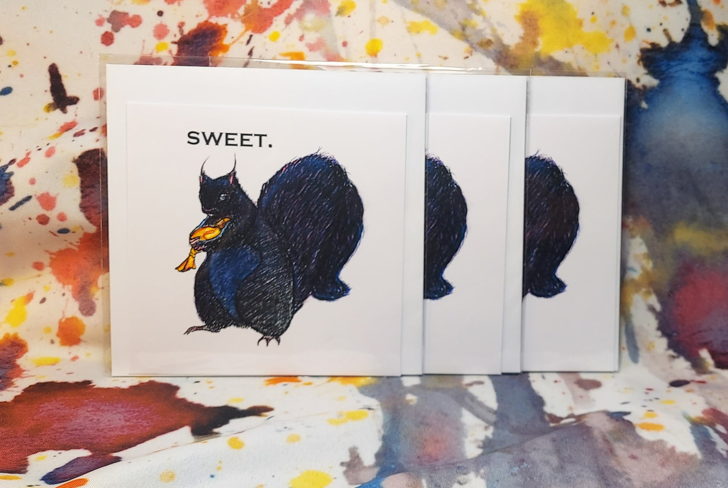 Sweet Black Squirrel hugging Butterscotch Candy,  5.5x5.5" - 3 card pack - blank inside