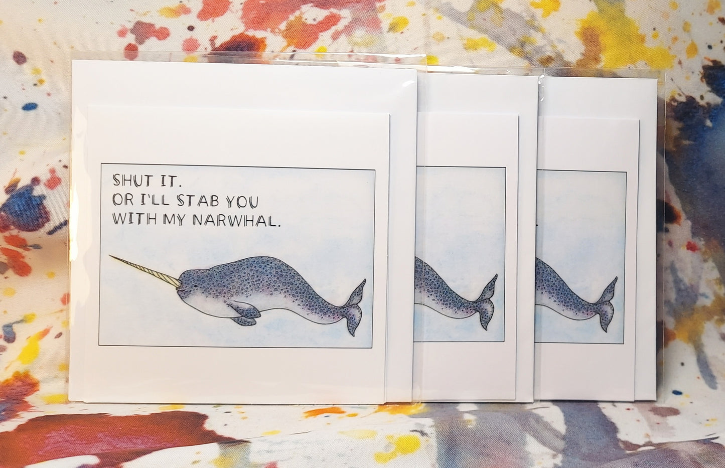 Stabby the Narwhal Says Shut It, 5.5x5.5" - 3 card pack - blank inside