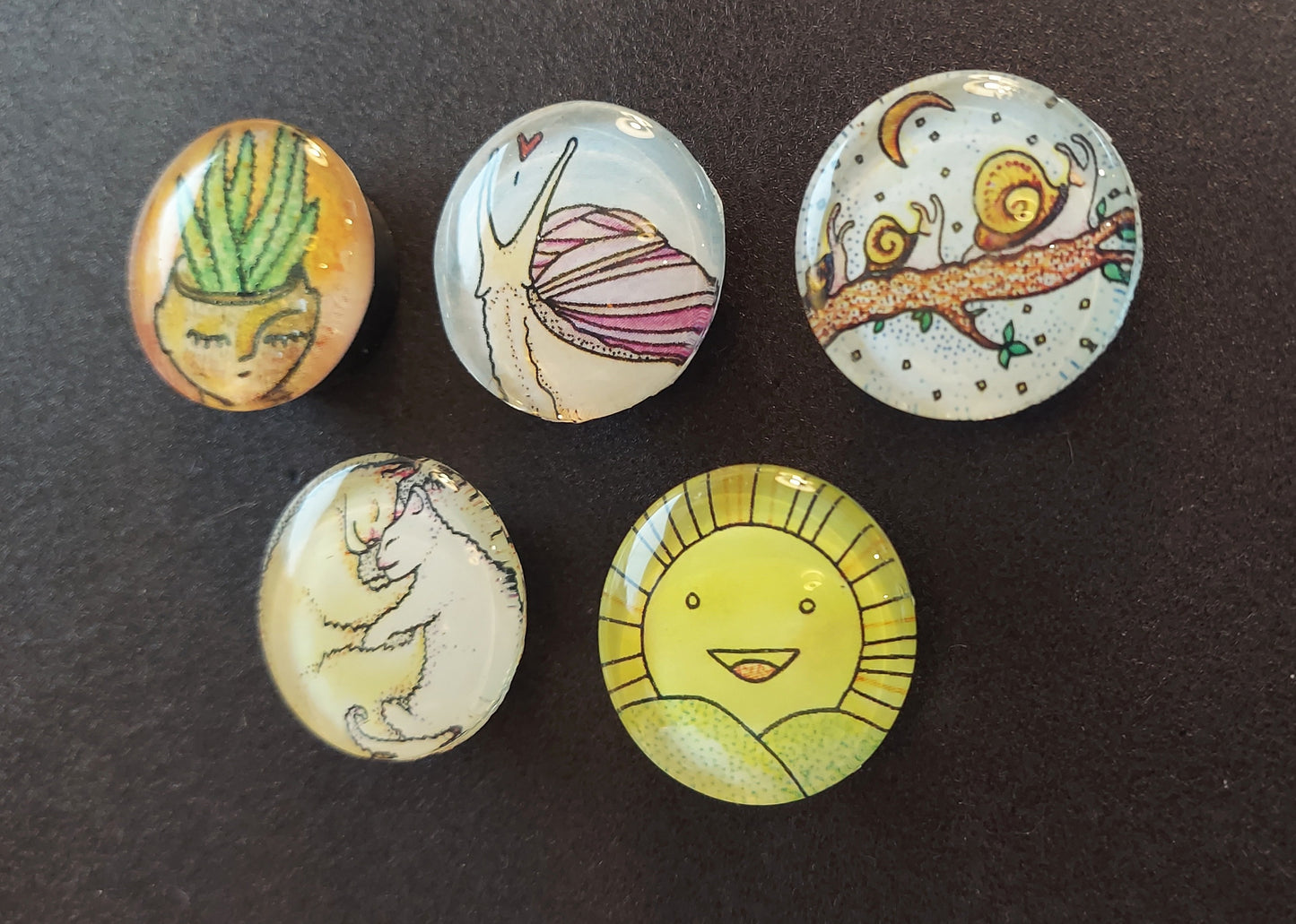 Happy Sunshine Kitty Snail Aloe Head Mediation Handmade Magnets - 5 pack
