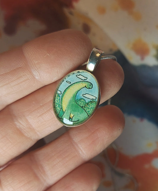 Happy Green Dinosaur With Head In The Clouds Mini Pendant and Chain, Silver Base