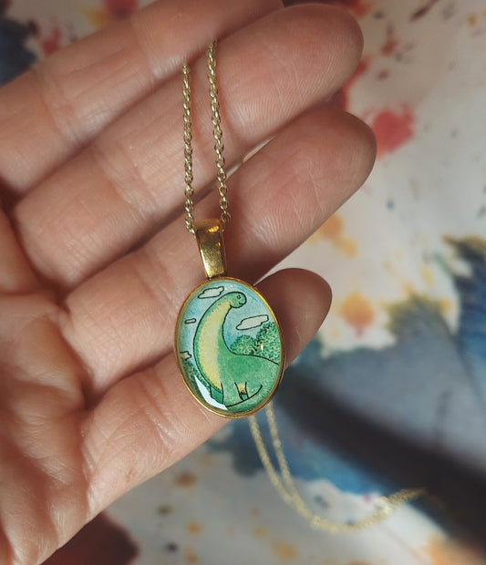 Happy Green Dinosaur With Head In The Clouds Mini Pendant, Gold Base
