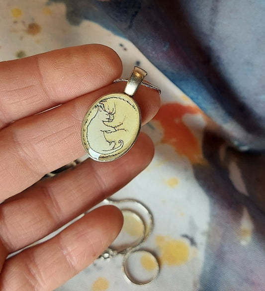 Snuggling Mama and Baby Kitties Pendant and Chain, Silver Base