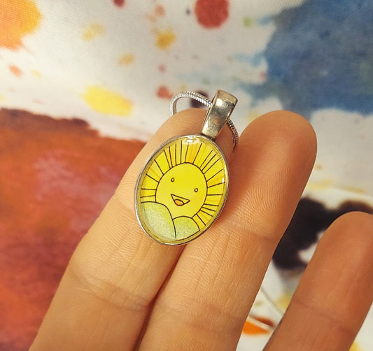 Happy Smiling Sunny Sunrise Pendant and Chain, Silver Base