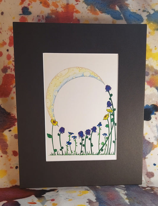 Crescent Moon and Wildflowers Matted Print 8x10" Print