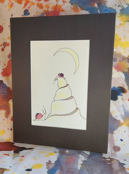 Mommy and Baby Snail With Crescent Moon Matted Print 8x10"